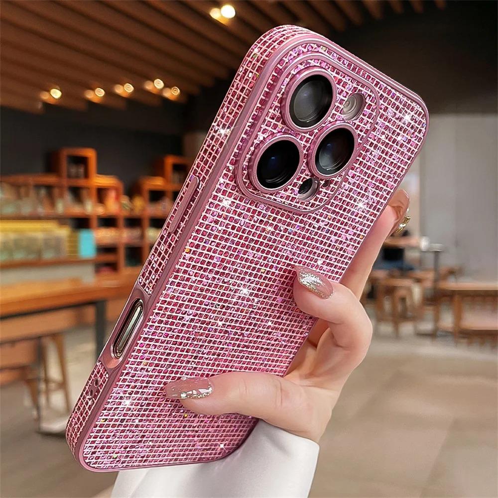 Full Screen Glitter Plaid Sequins Phone Case For iPhone 17 16 15 14 13 12 Pro Max Sparkling Lens Camera Protection Cover