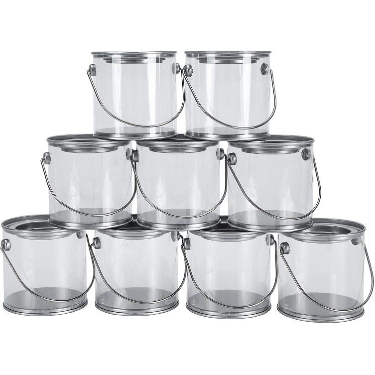 Hedume 9 Pack Mini Clear Plastic Paint Cans, 3-Inch Tall Crafts and Party Favor Cans, Paint Can Containers with Metal Lids Great for Party Decor and