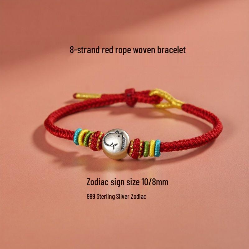 Sterling Silver 12 Zodiac Year of the Horse Wine Red Rope Bracelet for Men & Women - Lucky Charm Couple Bracelet