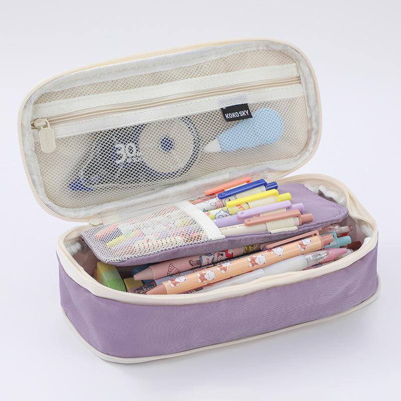 Colorblock Canvas Telescopic Pencil Case, Multifunctional Double Zipper, Convertible, Large Capacity Pencil Bag for Students