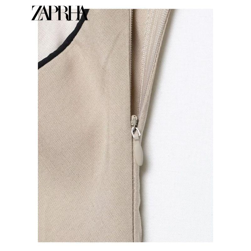 Zaprha 2025 New Arrival French Style Temperament Cinched Patchwork Pleated Drape V Neck Midi Skirt Sling Dress 5029116