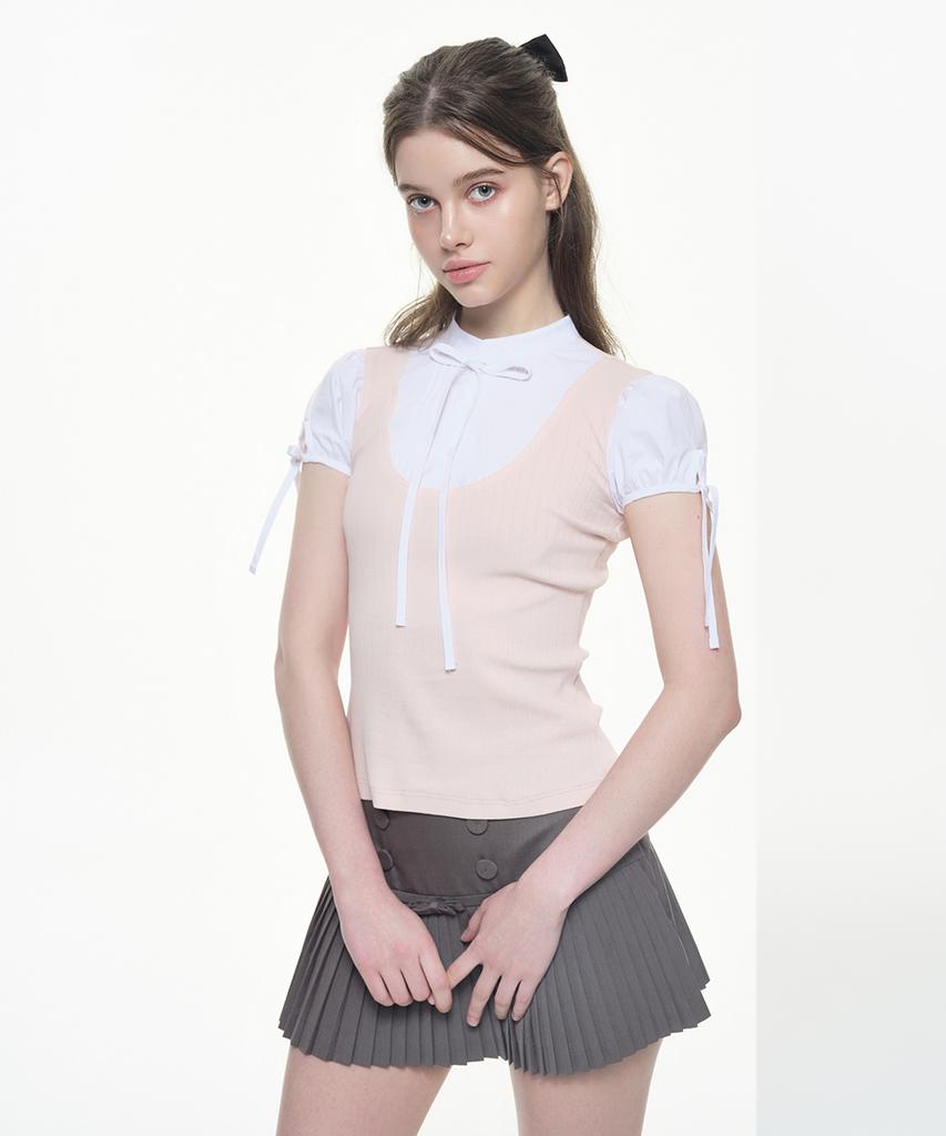 WHISFAIRY Prep Layered Tie Blouse - Pink