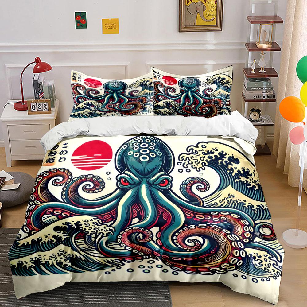 Octopus And Waves Art Decor Soft Comfortable Duvet Cover Bedding Set Included 1*Duvet Cover & 2*Pillowcases, Gift