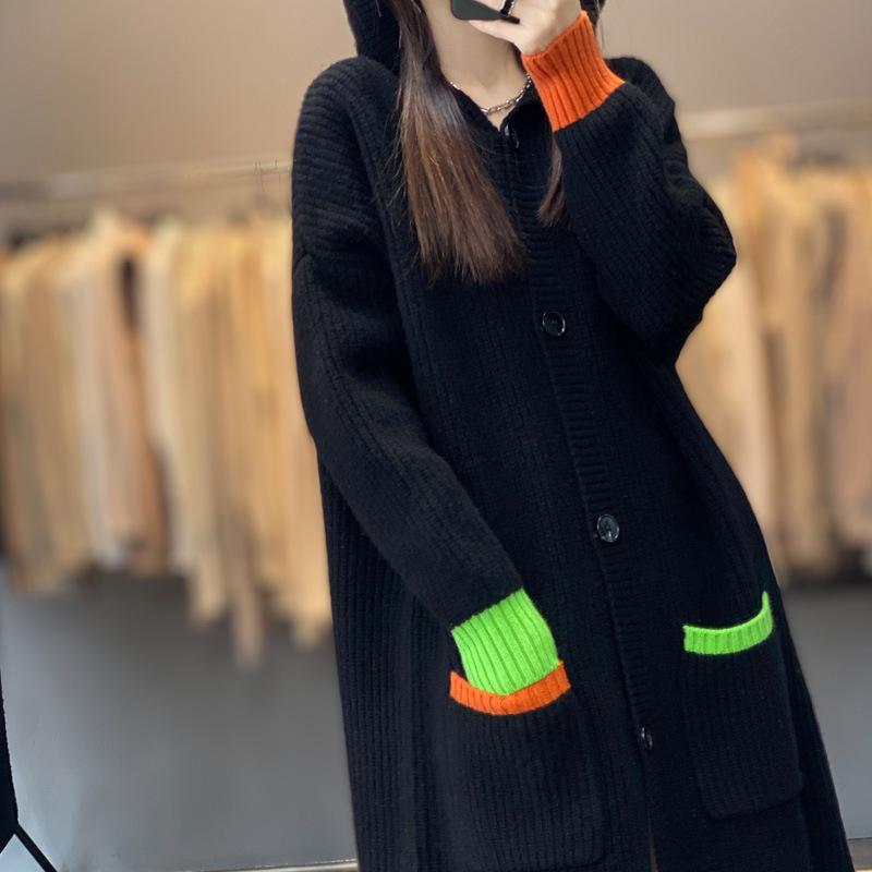 Women's Color Block Wool Trench Coat - Thick Hooded Loose Fit Cardigan