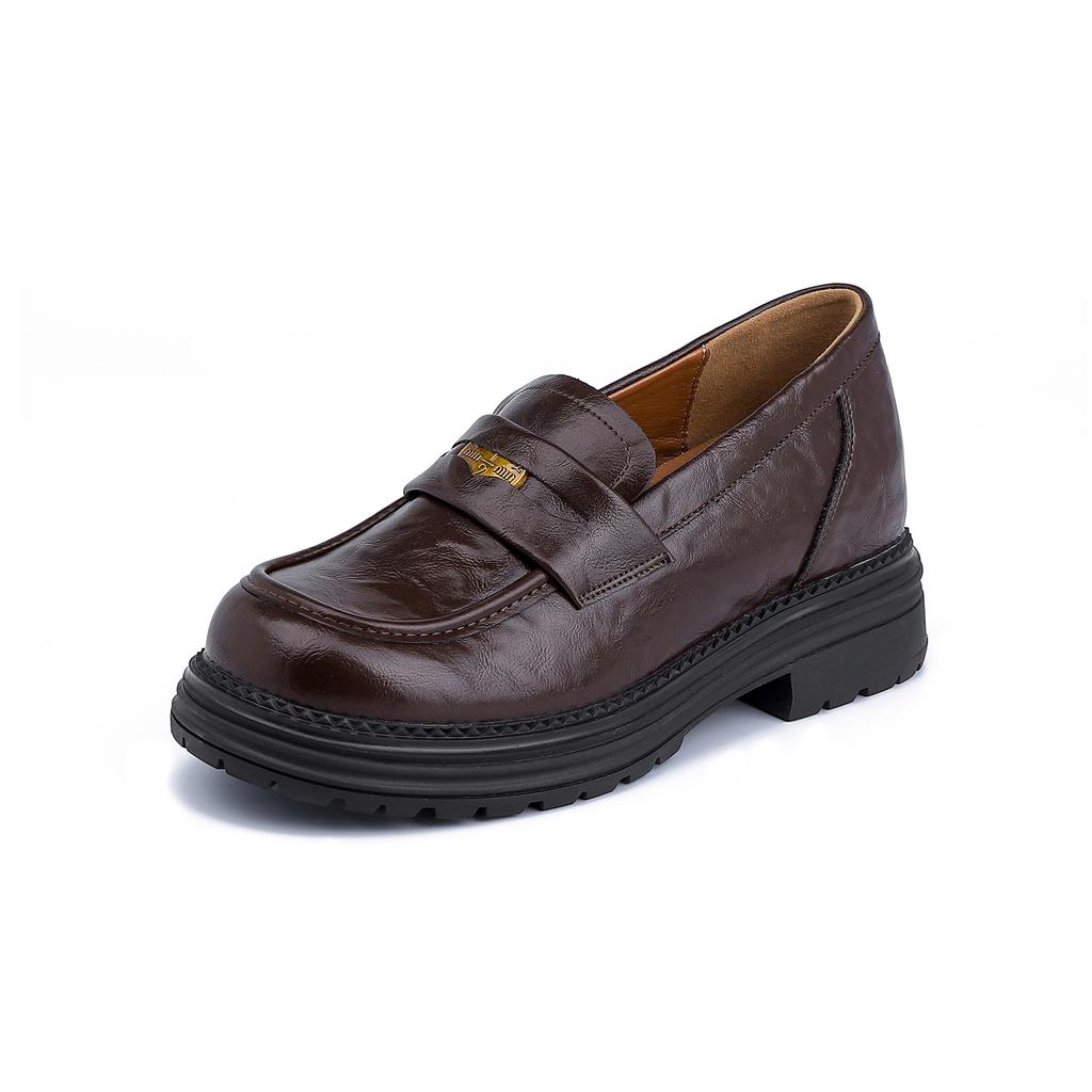 Grape mother spring new loafers women's small gold coins retro thick heel not tired feet wrinkled washed leather small leather shoes