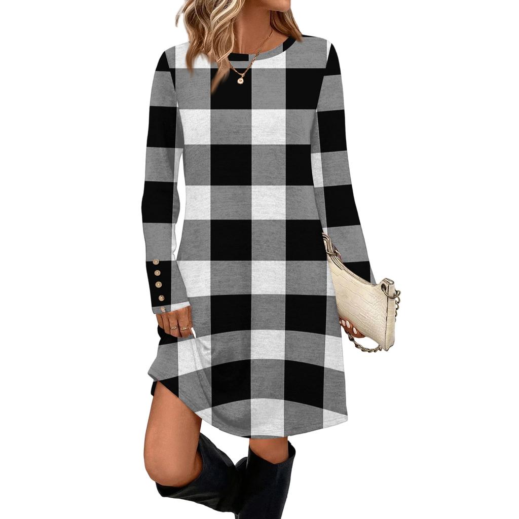 Rochie Casual de Damă la Modă Cu Buzunar, Nasturi Decorativi, Gât Rotund și Mâneci Lungi