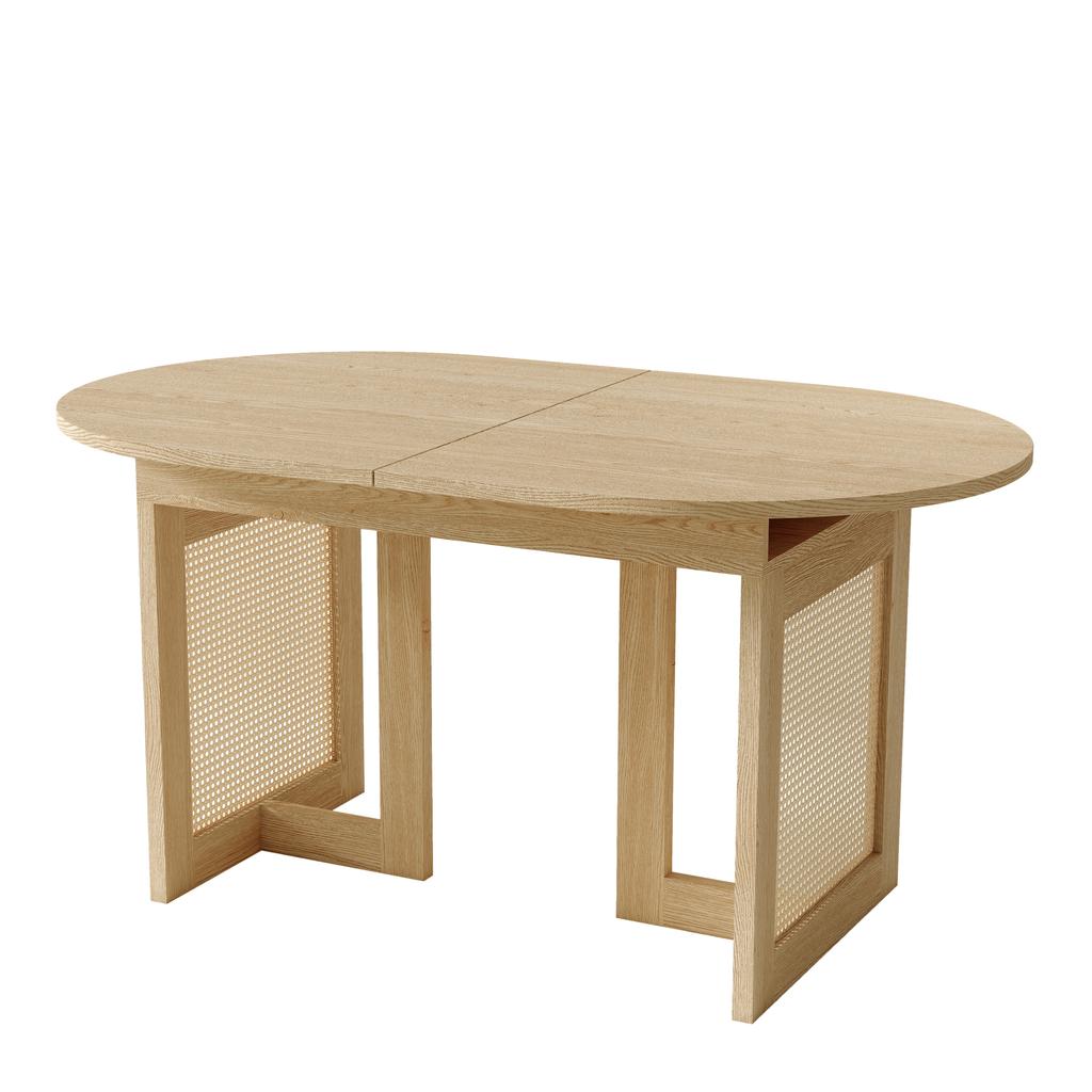 Extendable Dining Table 120/160 * 80 cm, suitable for 6–8 people, rounded corners, thickened tabletop, simple style, rattan table legs, oak color