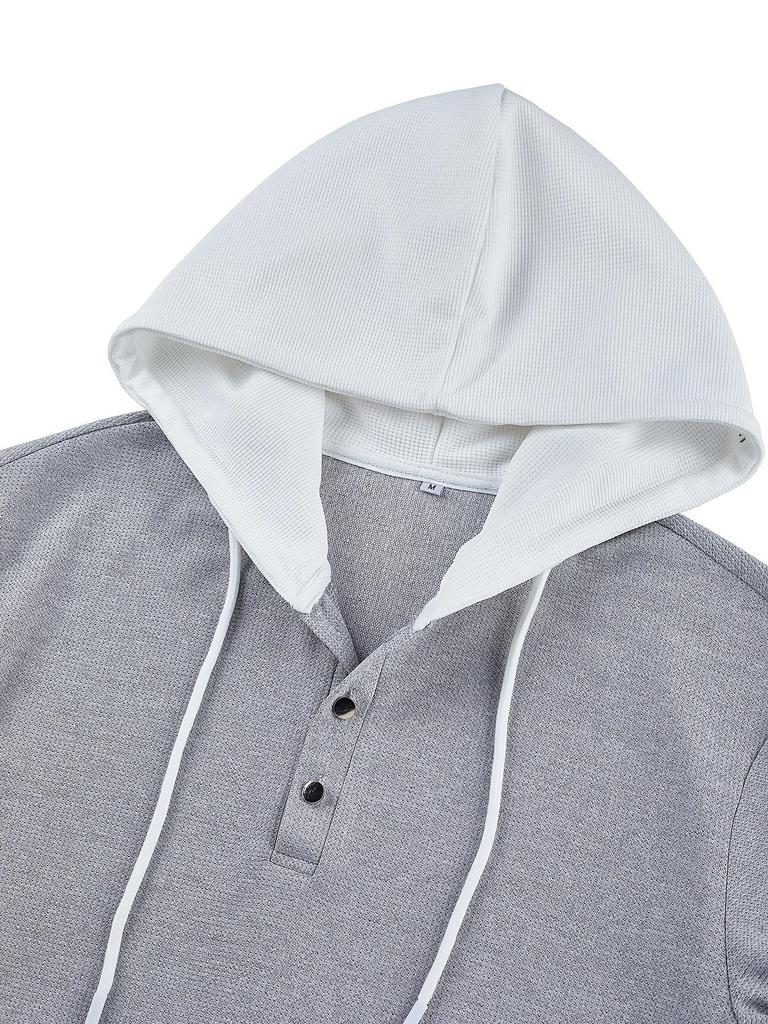 2025 Men's Color Block Waffle Knit Hooded Button-Up Hoodie – Autumn/Winter Casual Long Sleeve