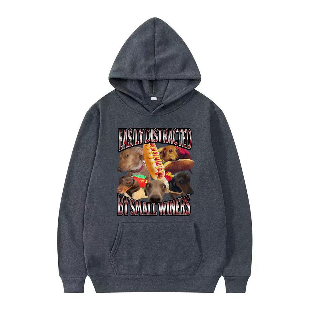 Легко отвлекаюсь на маленькие сосиски Смешная толстовка с мемом про собаку Мужская мода Харадзюку Свитшот с длинным рукавом Повседневный пуловер Уличная одежда 3XL