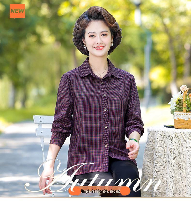 New Long-Sleeve Cotton Plaid Shirt for Women Aged 50-60