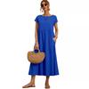 European and American Short-Sleeve Round Neck Cotton-Linen Long Dress with Pockets