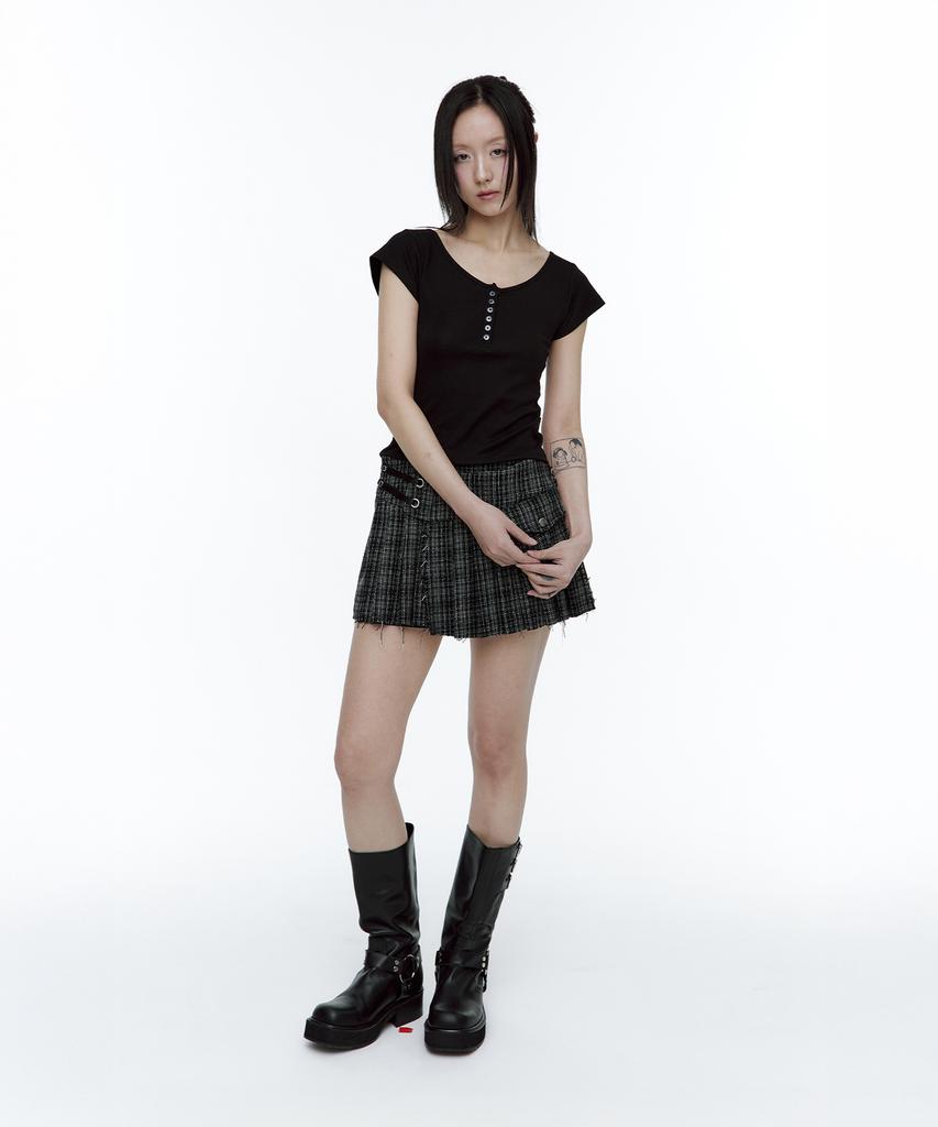 Rough Neck Tartan Check Tweed Skirt Black
