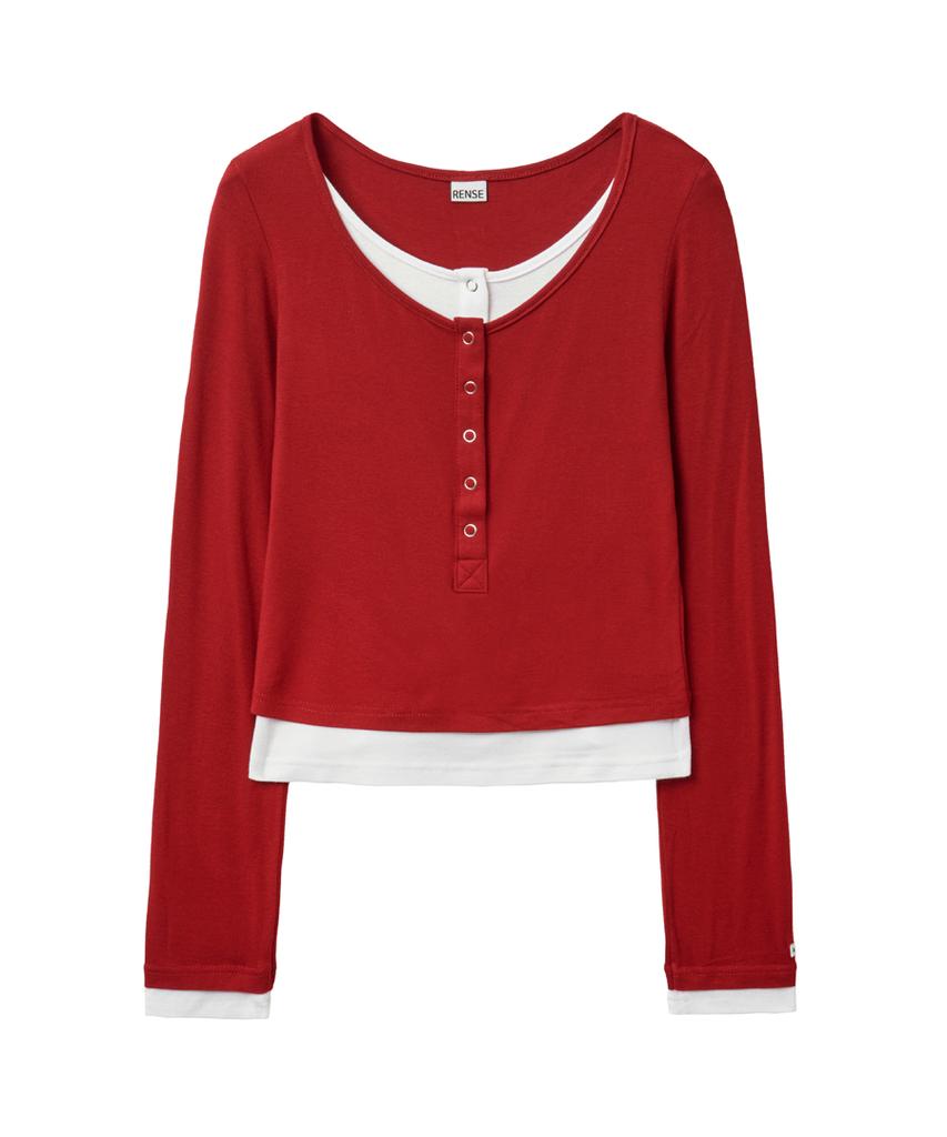 Lense Henley Neck Layered T-Shirt Red