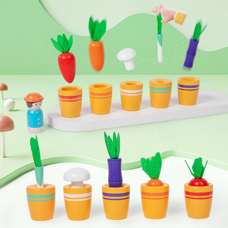 Children's educational toy set - Simulated vegetable planting game, wooden carrot and mushroom model, Parent-child interactive e