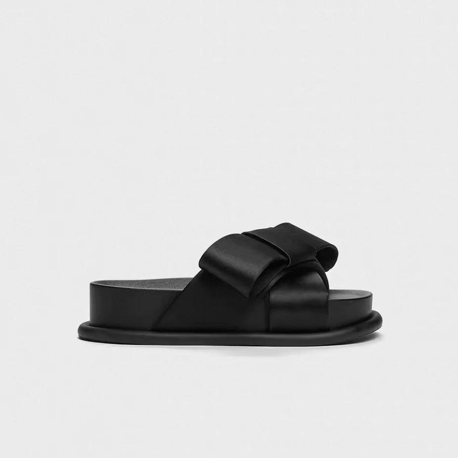 Fashion Women's Slippers 2025 Summer New Round Headed One-piece Slippers Womens Genuine Leather French Large Bow Thick Soled Women Shoes