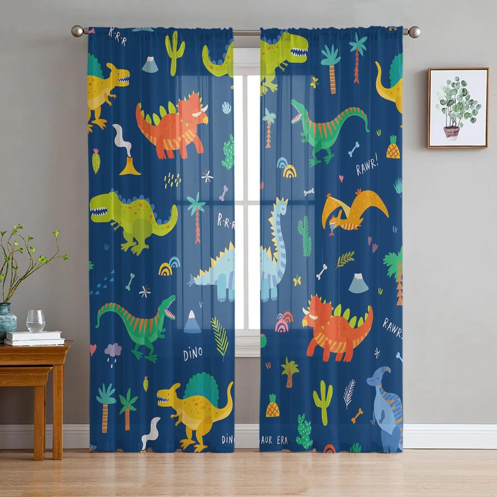 Animal Green Dinosaur Plant Sheer Curtains for Bedroom Living Room Decoration Window Curtain Kitchen Tulle Voile Organza Drapes