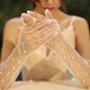 Wedding Tulle Gloves Pearls Studded Full Finger Gloves Elbow Length Gloves for Wedding Engagement Bachelorette Party