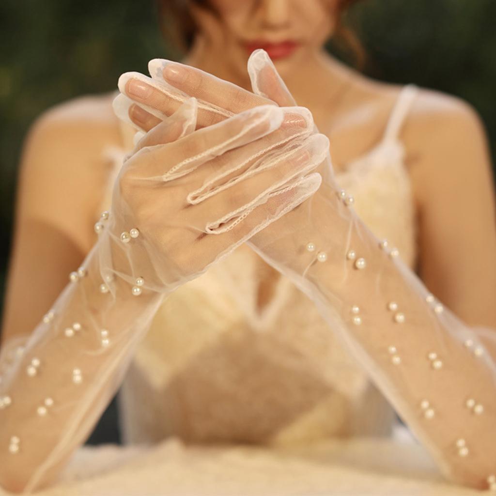 Wedding Tulle Gloves Pearls Studded Full Finger Gloves Elbow Length Gloves for Wedding Engagement Bachelorette Party