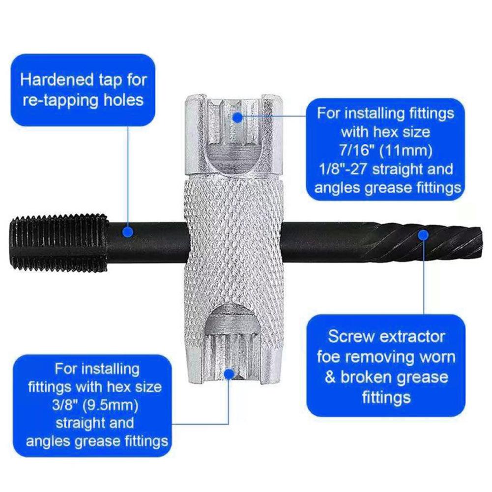 Two Piece 4in1 Grease Installation Tool Set for Hexagonal 38 516 716 Compatible with 1 8 NPT PTF M10x1 1 4 28 SAE M8x1 Sizes