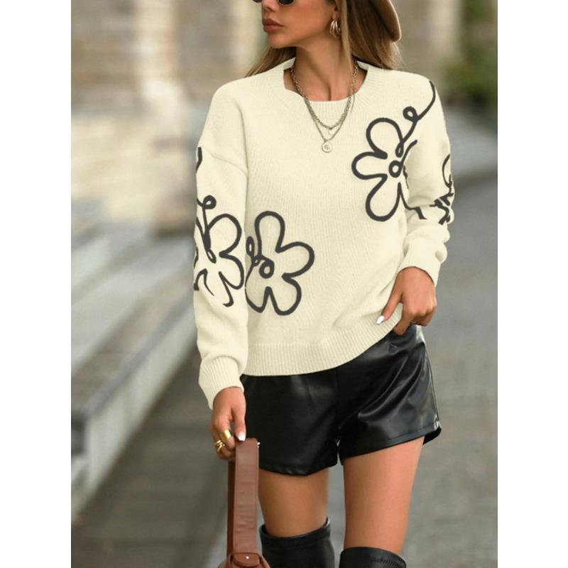 Women S Crew Neck Long Sleeve Flower Jacquard Knit Pullover Sweater
