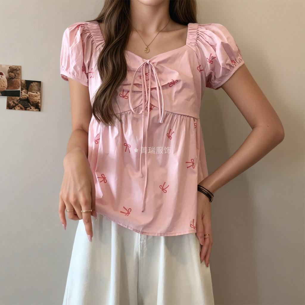 Dam Casual Sommar Topp med Rosettryck Snörning Slimmande Kort Puffärm Kortärmad Skjorta