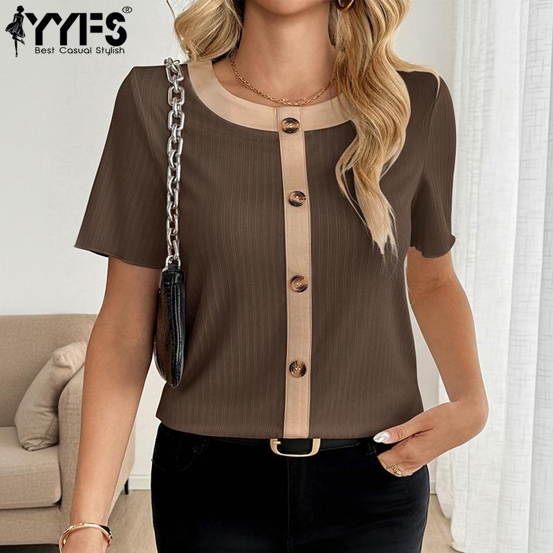 YYFS Women's Fashion Casual Summer Spring Colour Block Print Short Sleeve O-Neck Blouses & Shirts