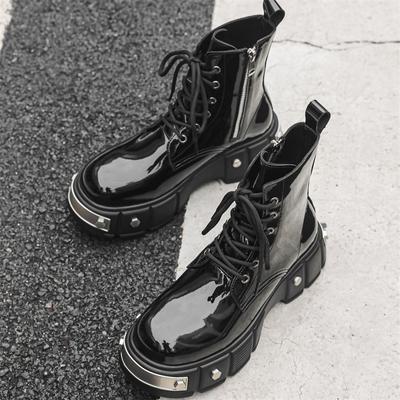 2024Novo Botas de Motocross Masculinas de Cano Alto Estilo Britânico Fundo Grosso Aumentado Couro Genuíno Brilhante Bico Redondo Zíper Lateral Botas Punk