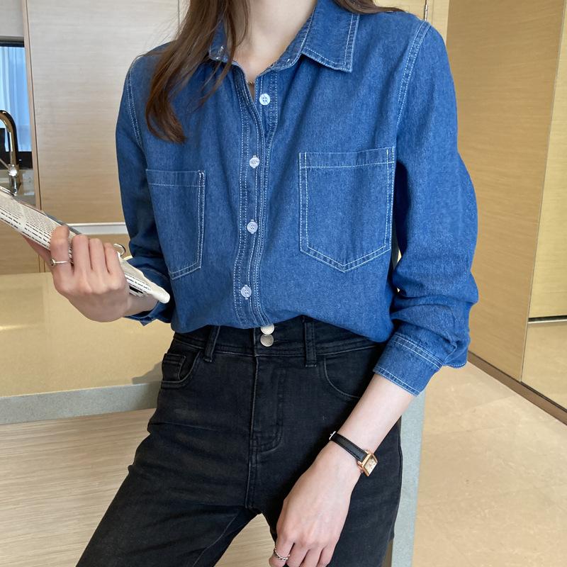 Hong Kong Style Blue Denim Shirt Jacket Women's Spring and Autumn 1116 New Casual Loose Top Long Sleeve Shirt Thin