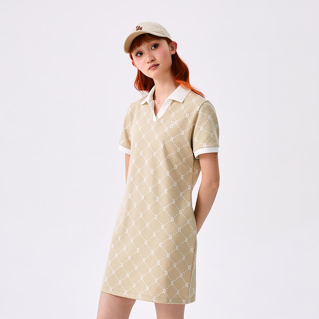 New MLB MONOGRAM Collection Boston Red Sox SS25 Short Sleeved Dress Women's Light Beige 3FOPM0453-43BGL
