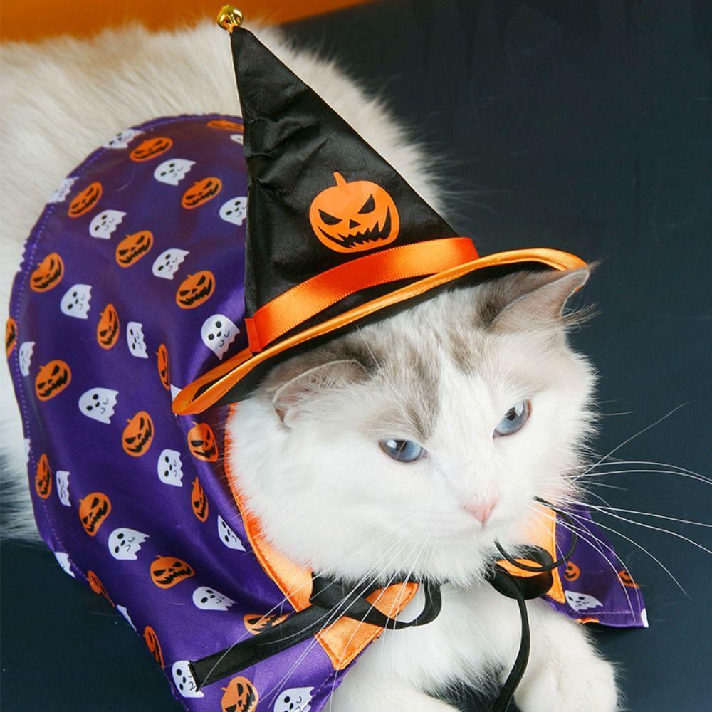 Pumpkin/Ghost Cat Wizard Hat Cloak Set Adjustable Halloween Cat Cape for Dogs Cats