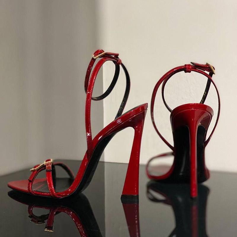 Fashion Summer new style slim strap open toe straight buckle sandals for women with pointed toes, thin heels, banquet red high heels