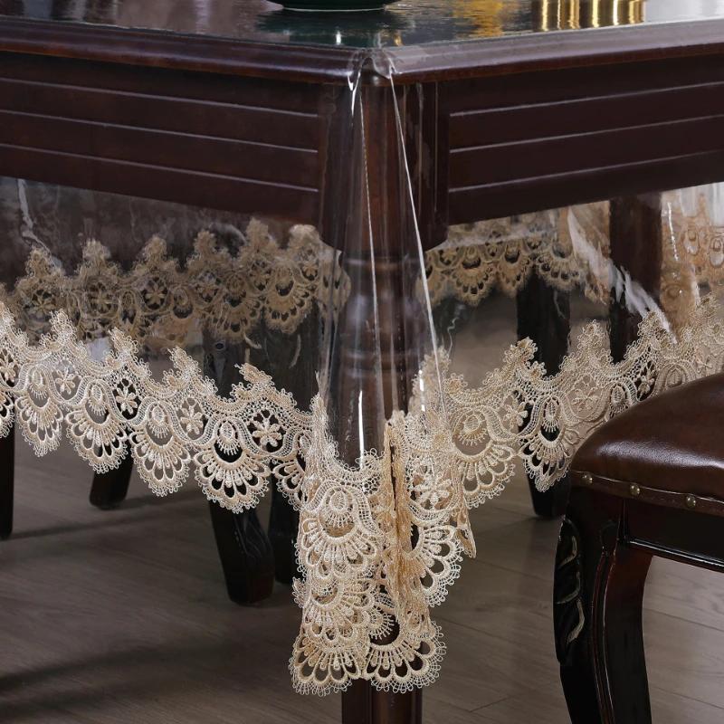 Transparent PVC Tablecloth Waterproof, Oil Proof Clear Coffee Table Table Mat Washable and Non Slip Tablecloth Lace Edge