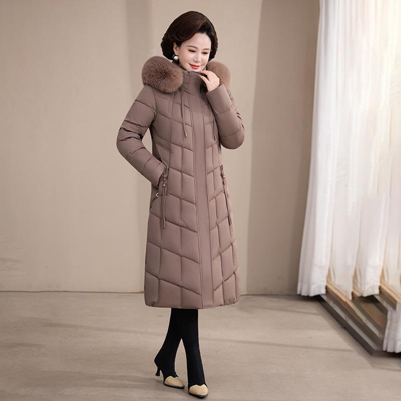 Middle-aged and elderly large-size thin cotton-padded jacket, mother down cotton-padded jacket, winter clothing, long over-knee thickened cotton-padd