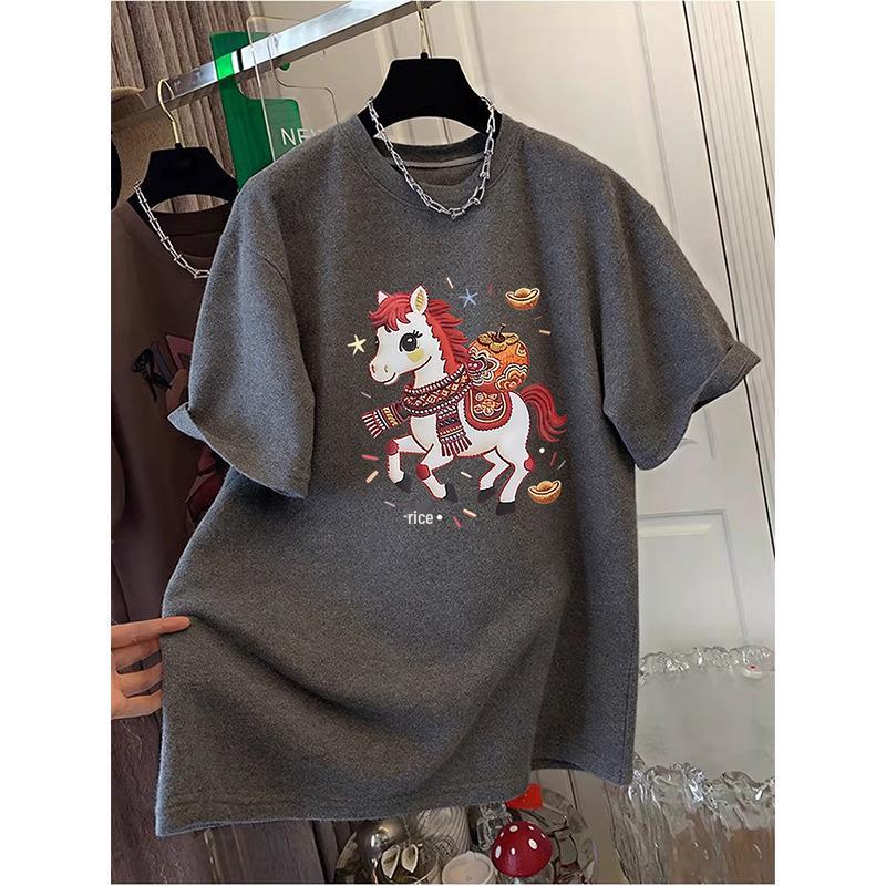 Women's Oversized Short Sleeve Cotton T-shirt, Round Neck, Mid-Length, Hip Covering - 2026 Spring/Summer/Autumn Collection