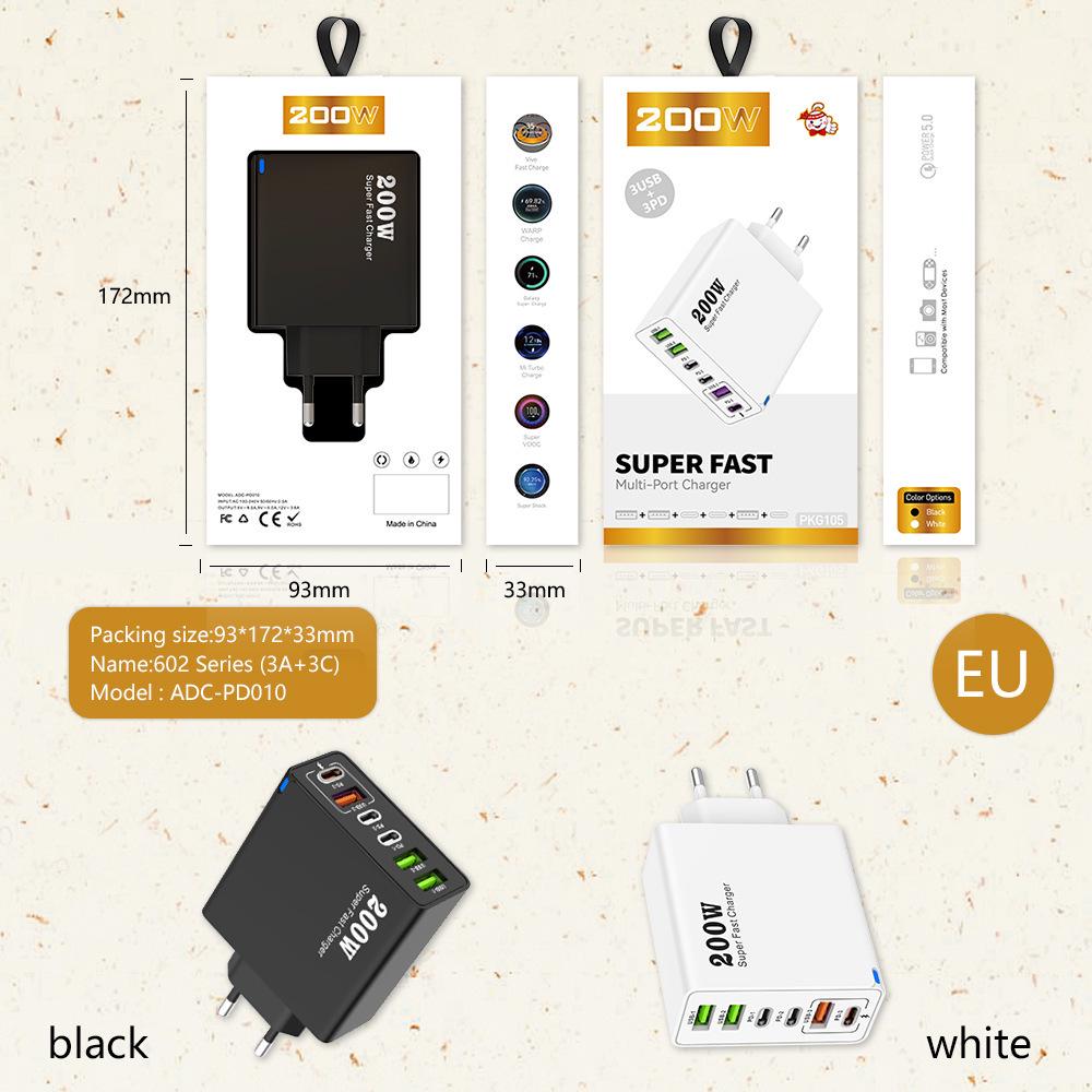 200W Multi-Port Charger - 3 USB & 3 PD Ports, Six-in-One Fast Charging for Phones (5V 2.4A), EU/US/UK Compatible