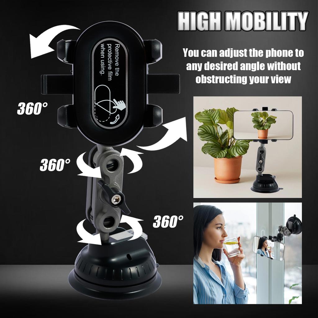 Car Phone Holder 360° Rotating Suction Cup Car Phone Mount with Telescopic Arm Universal Cell Phone Bracket Stable Dash Phone