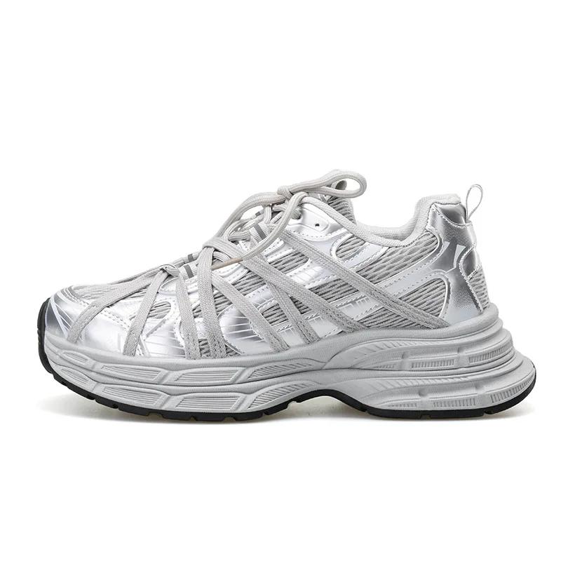 

Мужская обувь Новая тенденция Модные кроссовки Дышащие Удобные Толстая подошва Ретро Легкие Спортивные На шнуровке Кроссовки для бега 44 серебряный