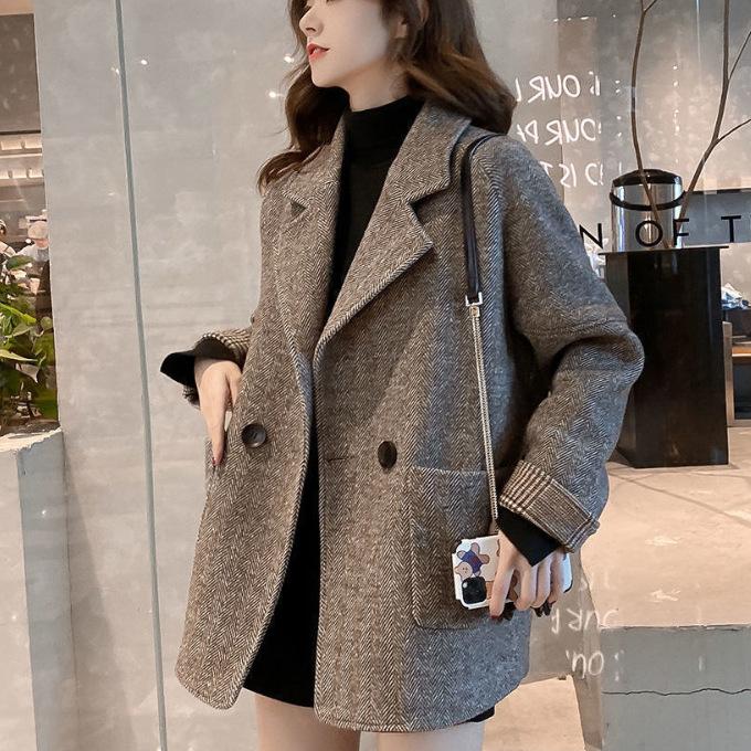 Women's Herringbone Double Breasted Coat Plaid Cuff Lapel Collar Mid Length Outerwear