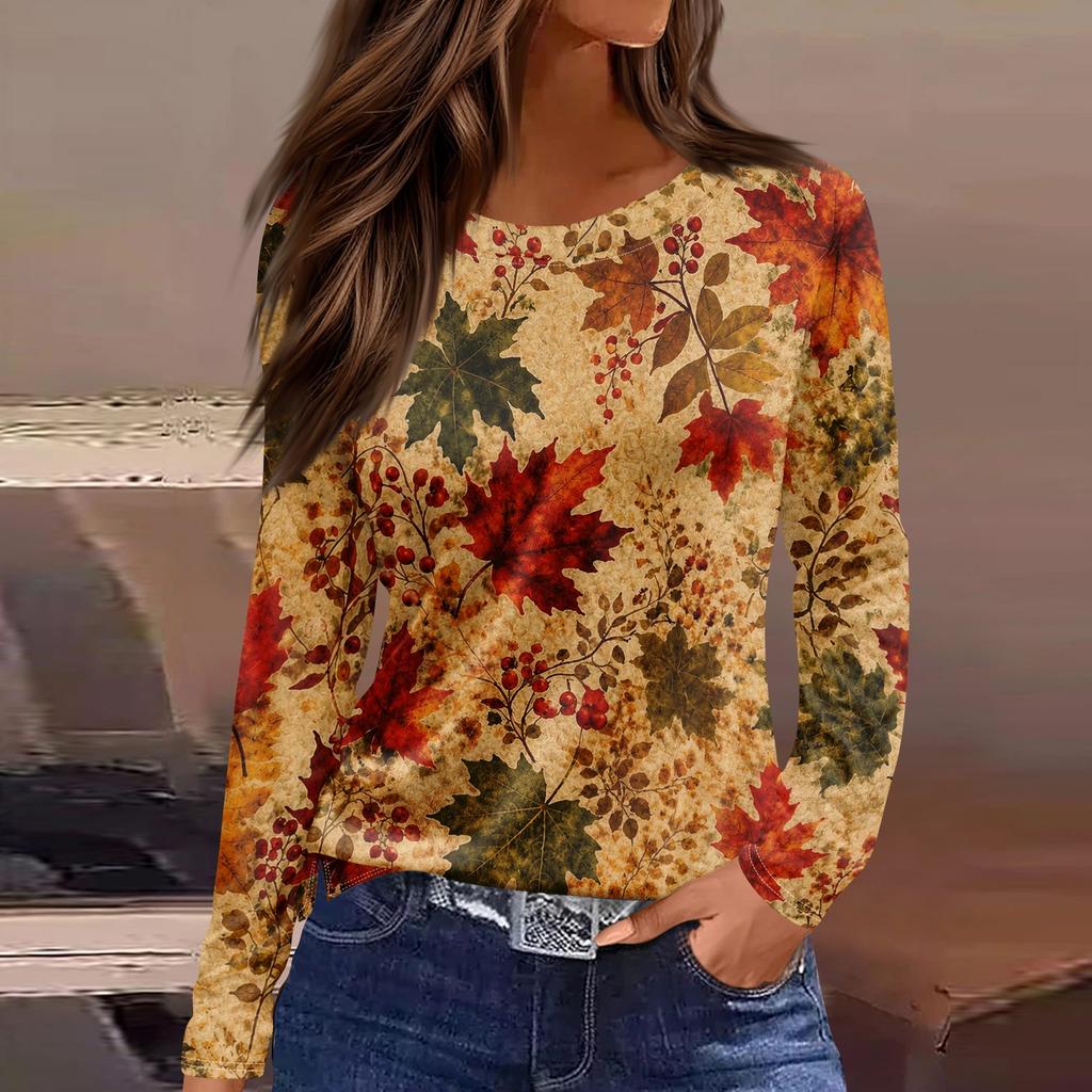 Women's Casual Long Sleeve Maple Leaf Print Round Neck Blouse for Everyday Wear