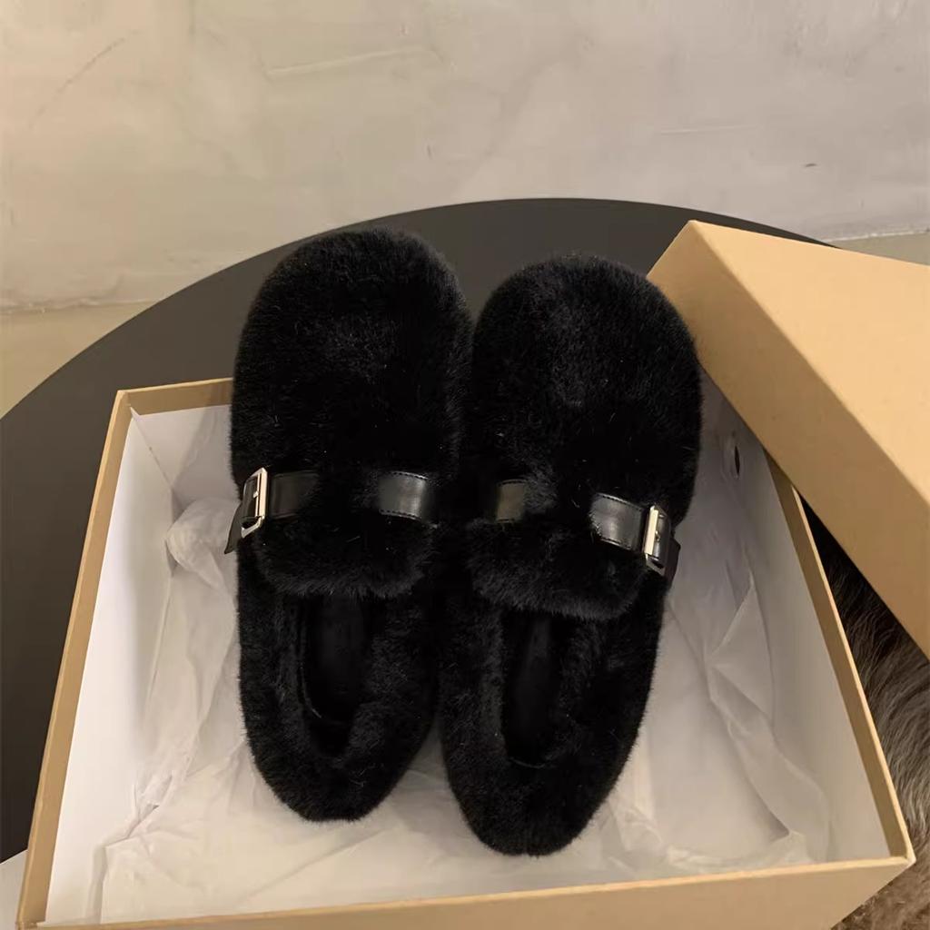 French evening wind belt buckle Mao Mao shoes women's 2025 new versatile and comfortable one-pedal flat-soled Doudou cotton shoes