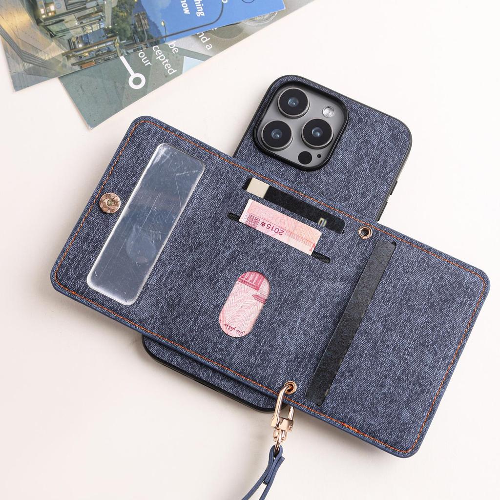 IPhone 17 Hülle: Kompatibel mit Apple 16 Pro Max, 15, 14 - Denim-Textur mit Armband-Kartenhalter