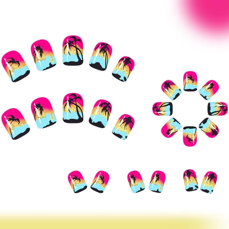 24Pcs Glossy Coconut Tree False Nail Short Square Press On Artificial Nail Tropical Beach Design For Salon Or Home