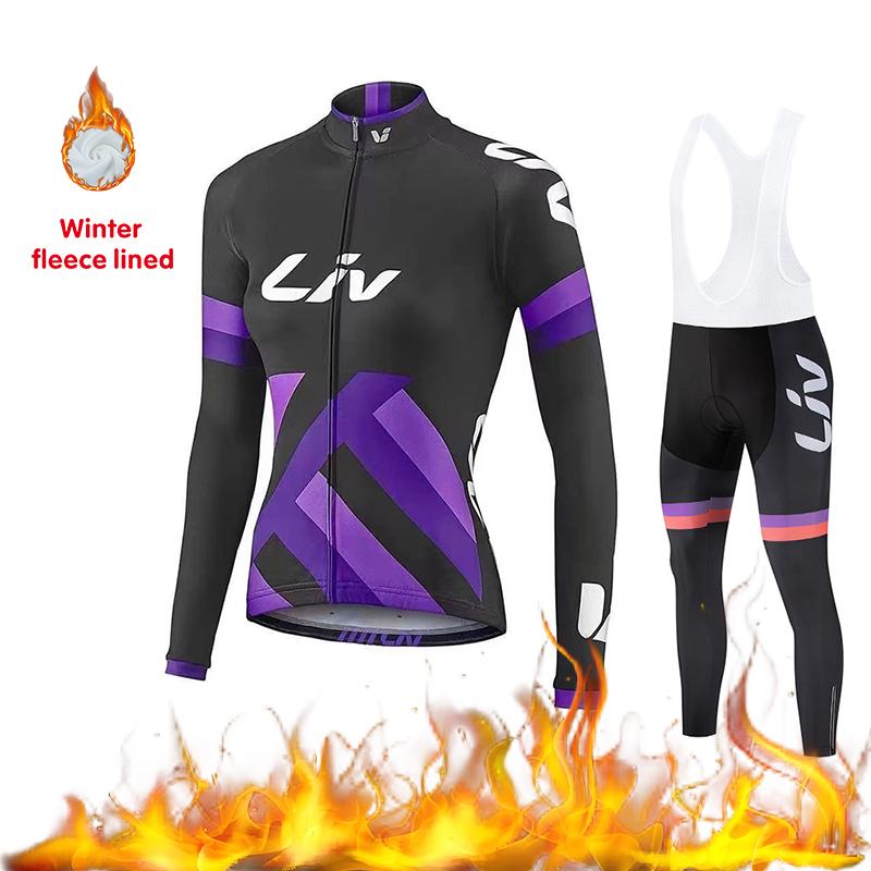 2026 Women's Cycling Suit Set Winter Velvet Long Sleeved Cycling Jersey Knitted Sweater Cycling Bib Warm Cycling Sports Shir