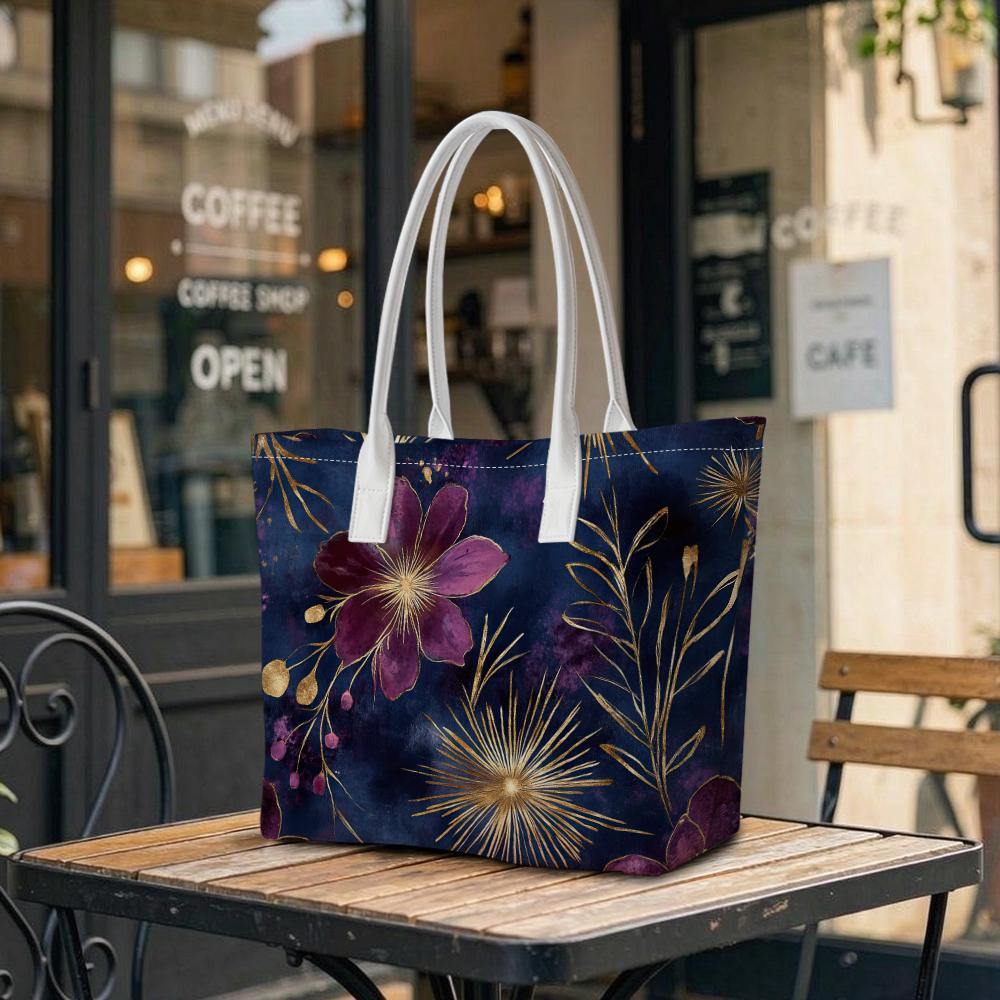 Elegant Purple Floral Pattern Casual Tote Bag for Daily Use