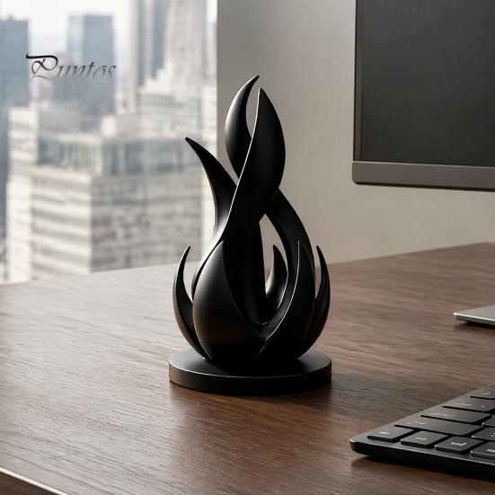 Elegante Schwarz-Weiß-Ornamente 3D-gedruckte abstrakte Flammen-Skulptur, modern-minimalistisches verdrehtes Kunstwerk, zeitgenössisches Büro-Regal-Accessoire, Statue