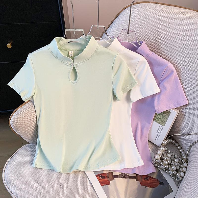 

Chinese Style Stand-Collar Short Sleeve Women s Slim Fit T-Shirt M светло-зеленый