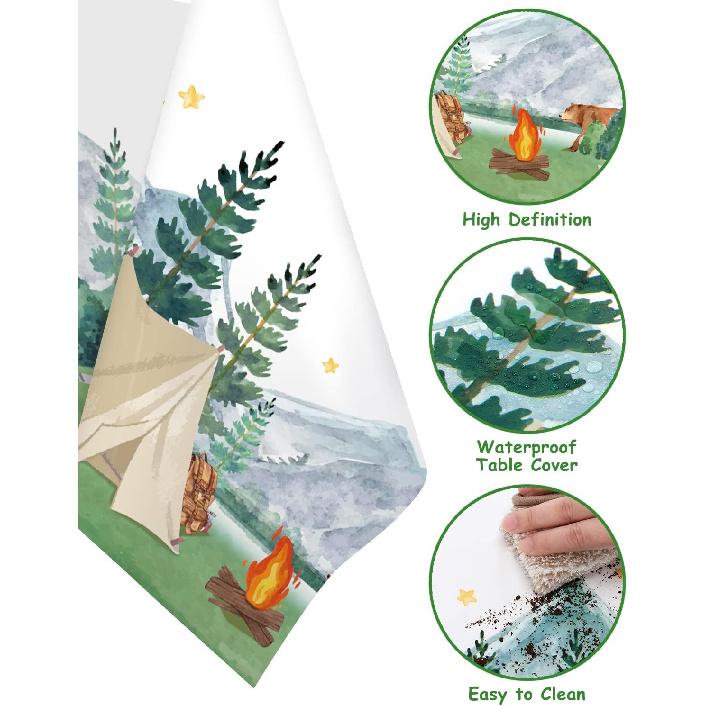 Nefelibata 3 pcs Camping Birthday Decorations Table Cover Waterproof Tablecloths One Happy Camper Party Camping Favors Bachelorette Happy Camper for