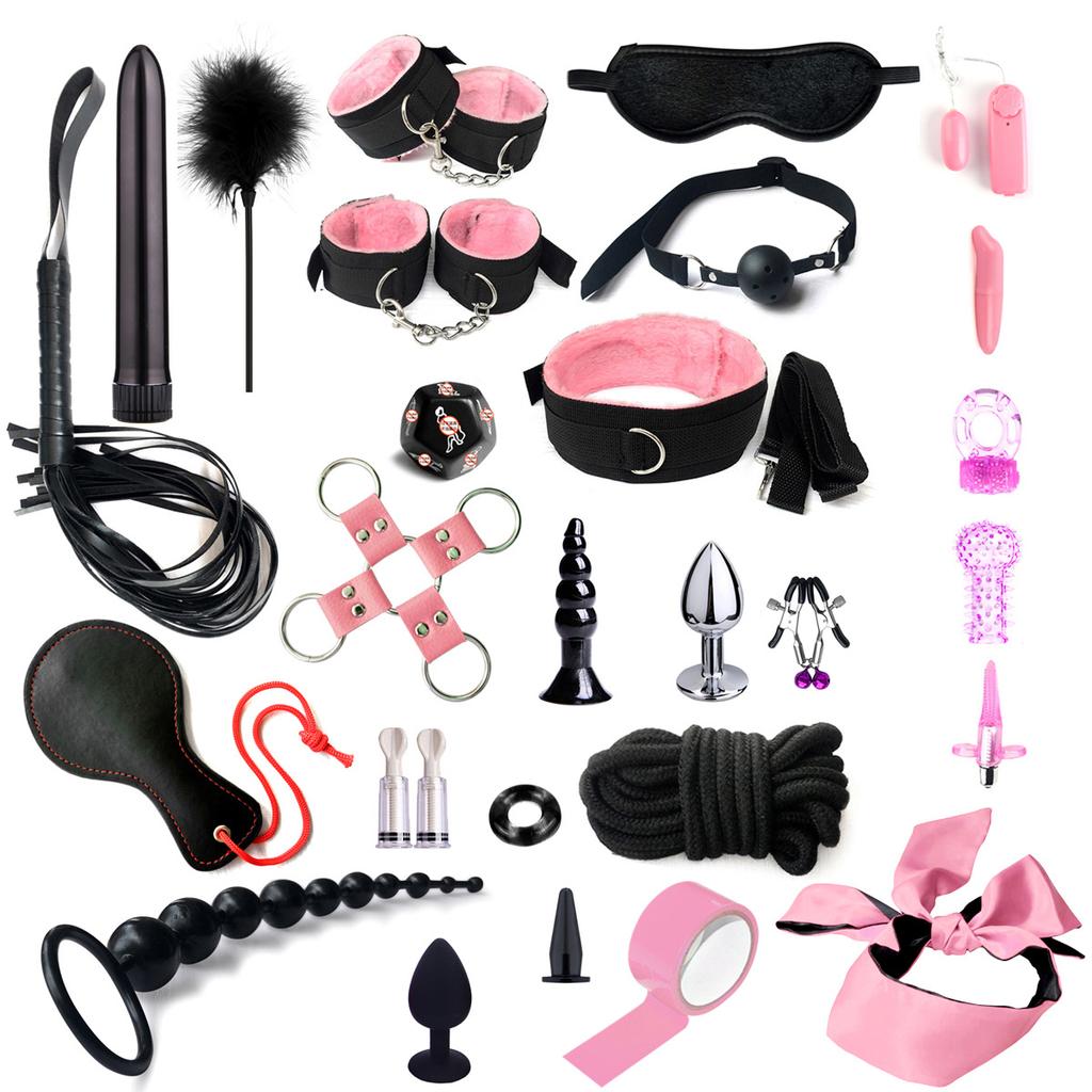 SM Fetish Bondage Erotic Toy Restraint Set Sex Toys For Women Handcuffs Whip Binding Anal Plug Vibrator Couple Sexy Tool