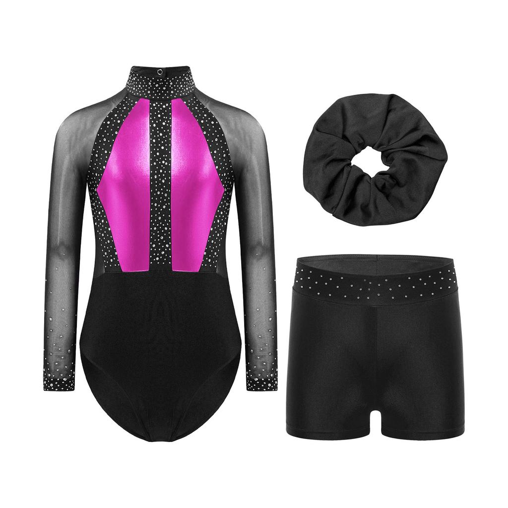 Mädchen Mesh Langarm Turnanzug Strass Shorts Kopfschmuck Gymnastik Tanz Performance Set