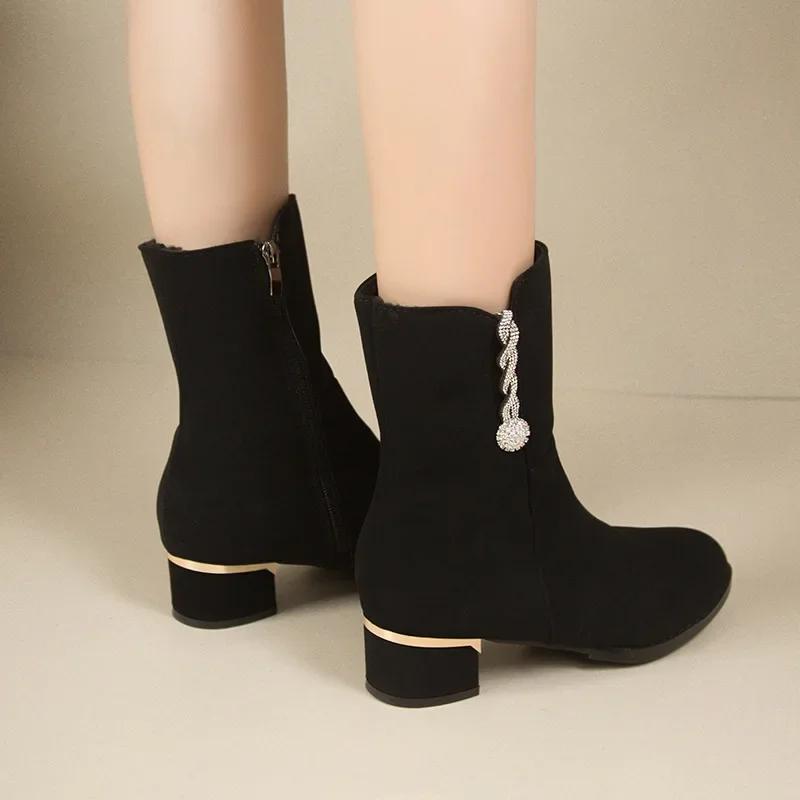 Fashion Comemore Chunky Heel Boots Women Autumn Winter Fashion Black Suede Single Short Botas Rhinestone 4cm Medium Heel Botines Mujer